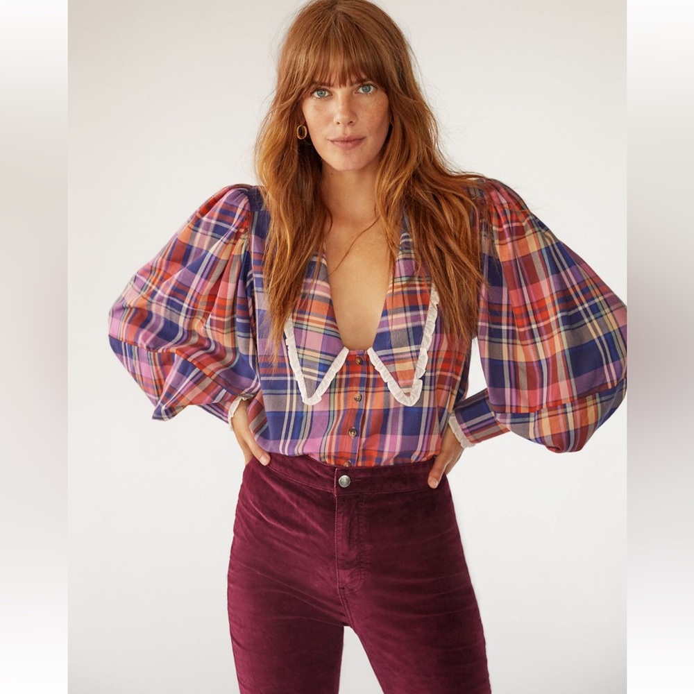 Free People Bexley Plaid V-Neck Puff Sleeve Top with Contrast Trim XS